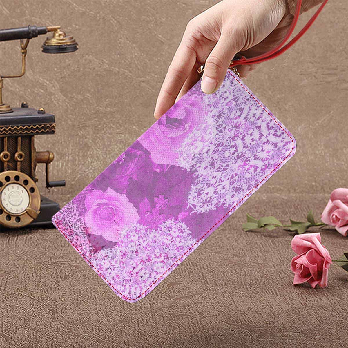 Victorian lace print womens wallet, clutch purse, red trim, design 03