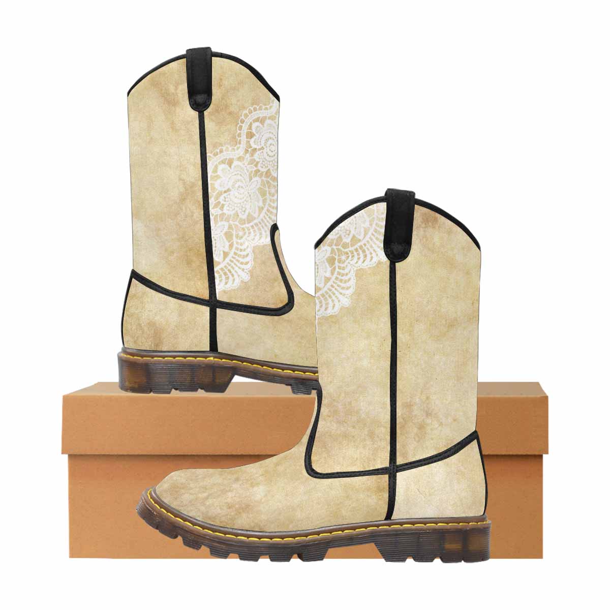 Victorian lace print, western lumber boots, design 29