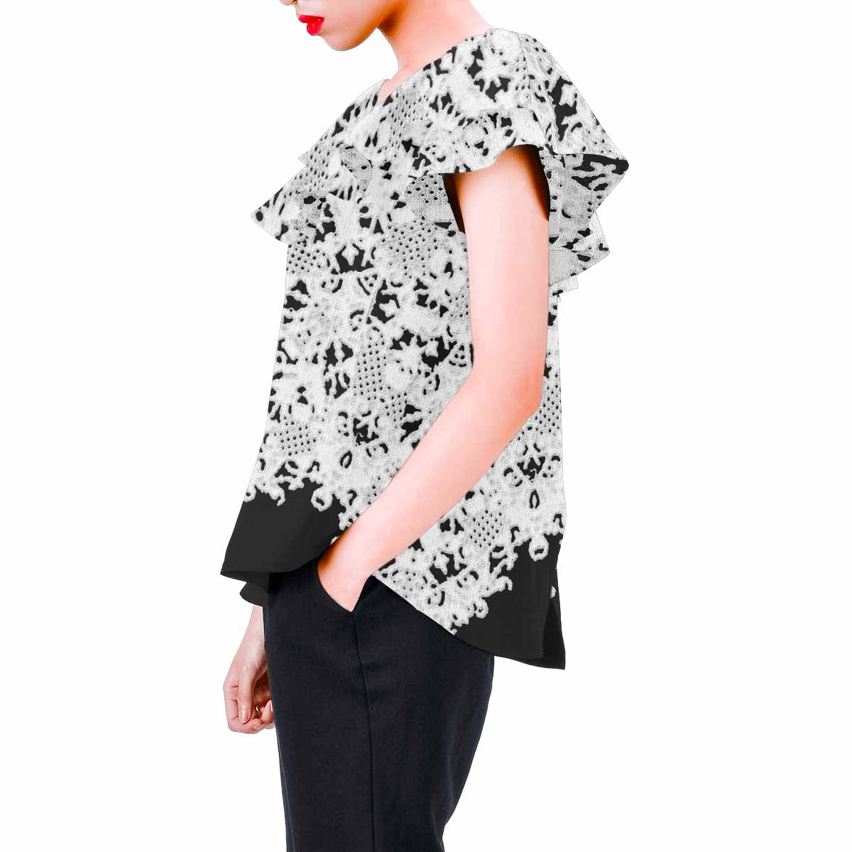 Victorian Lace print Chiffon Blouse, design 50