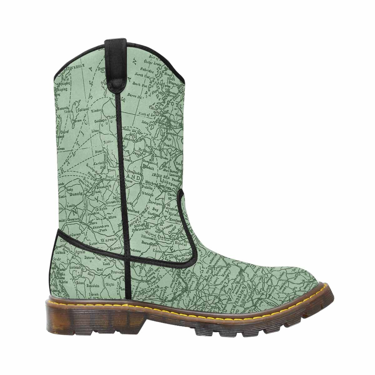 Antique Map design mens western lumber boots, Design 52