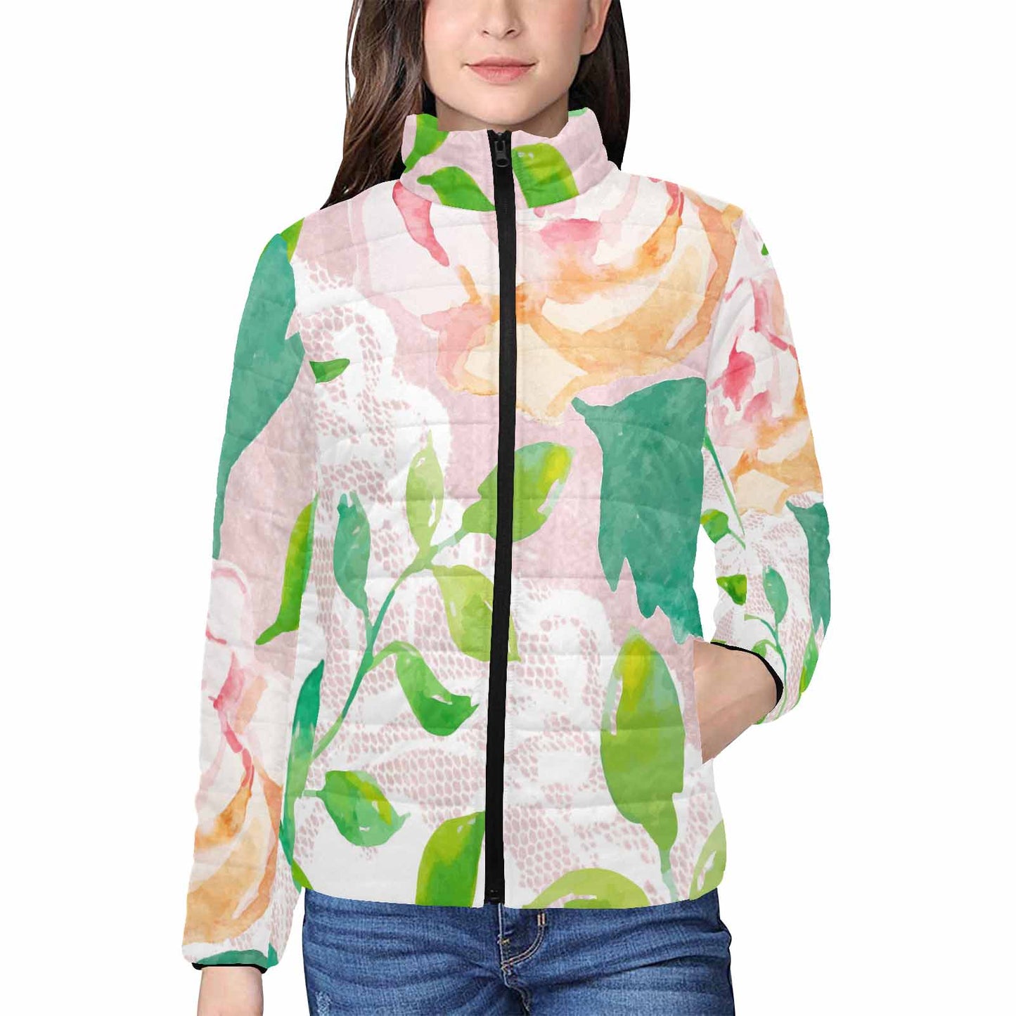 Victorian Lace print womens padded quilted jacket, design 21