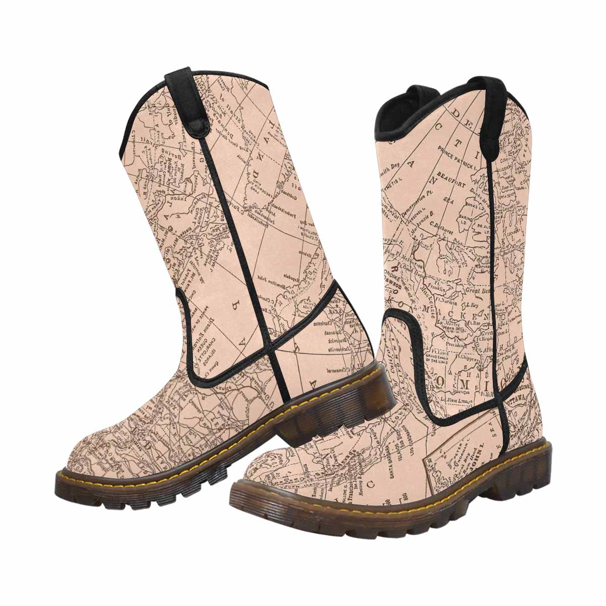 Antique Map design womens western lumber boots, Design 53