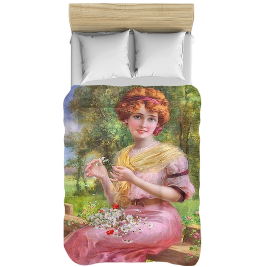 Victorian lady design comforter, twin, twin XL, queen or king, lady in pink