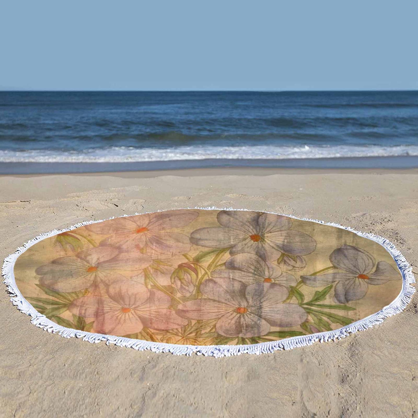 Vintage Floral circular plush beach towel, fringe edges, Design 13xx