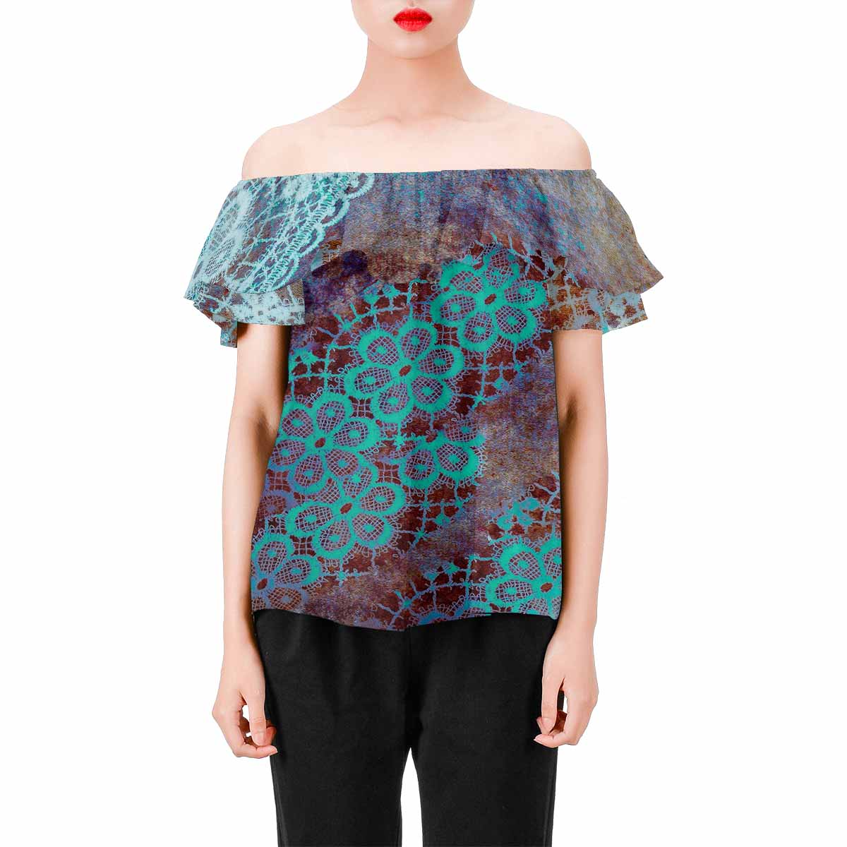 Victorian Lace print Chiffon Blouse, design 37