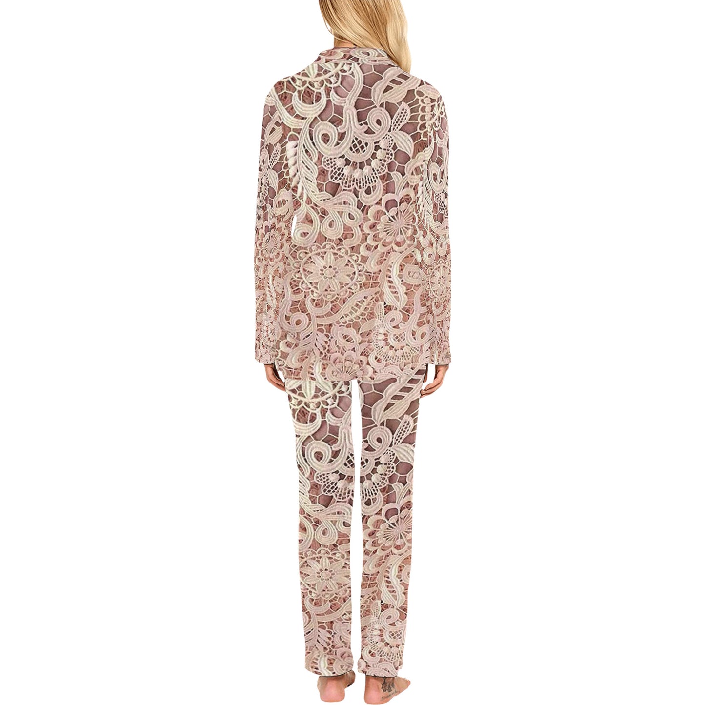 Victorian printed lace pajama set, design 11 Women's Long Pajama Set (Sets 02)