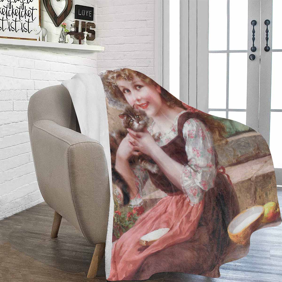 Victorian Girl Design BLANKET, LARGE 60 in x 80 in, The Little Kittens