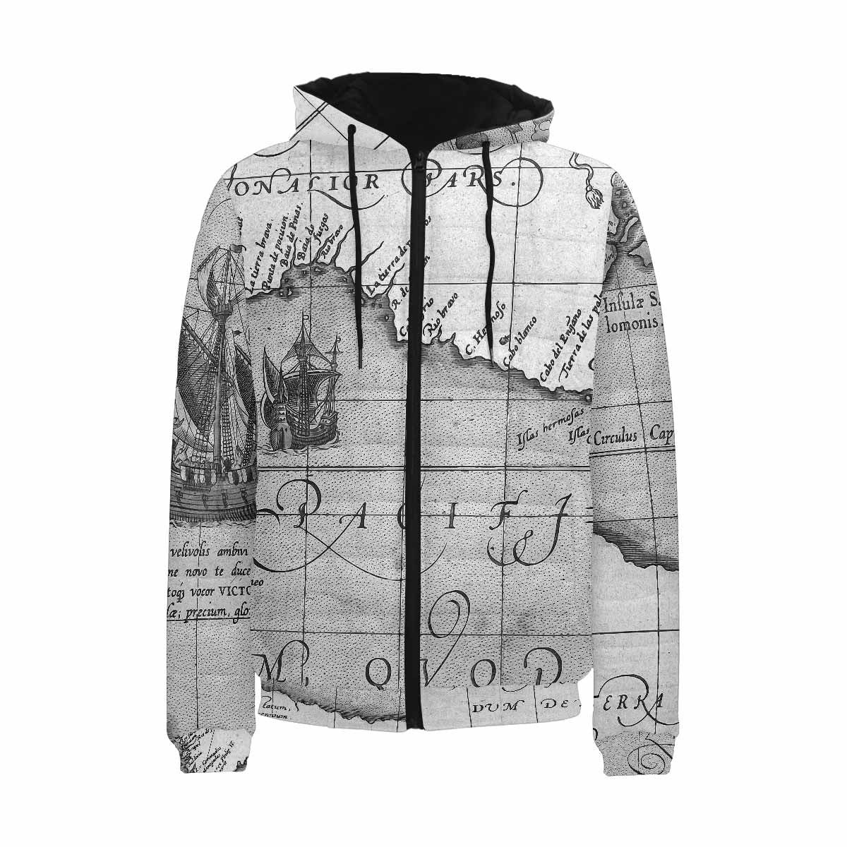 Antique Map design, mens lightweight, warm, quilted hooded bomber jacket, design, 44