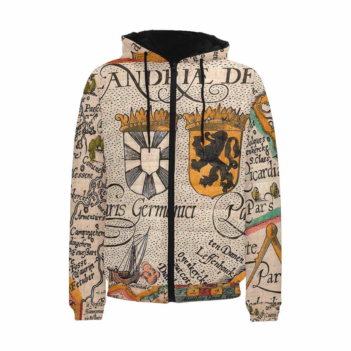 Antique Map design, mens lightweight, warm, quilted hooded bomber jacket, design, 12