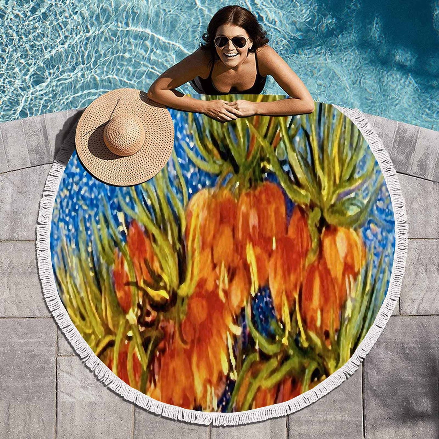 Vintage Floral circular plush beach towel, fringe edges, Design 42