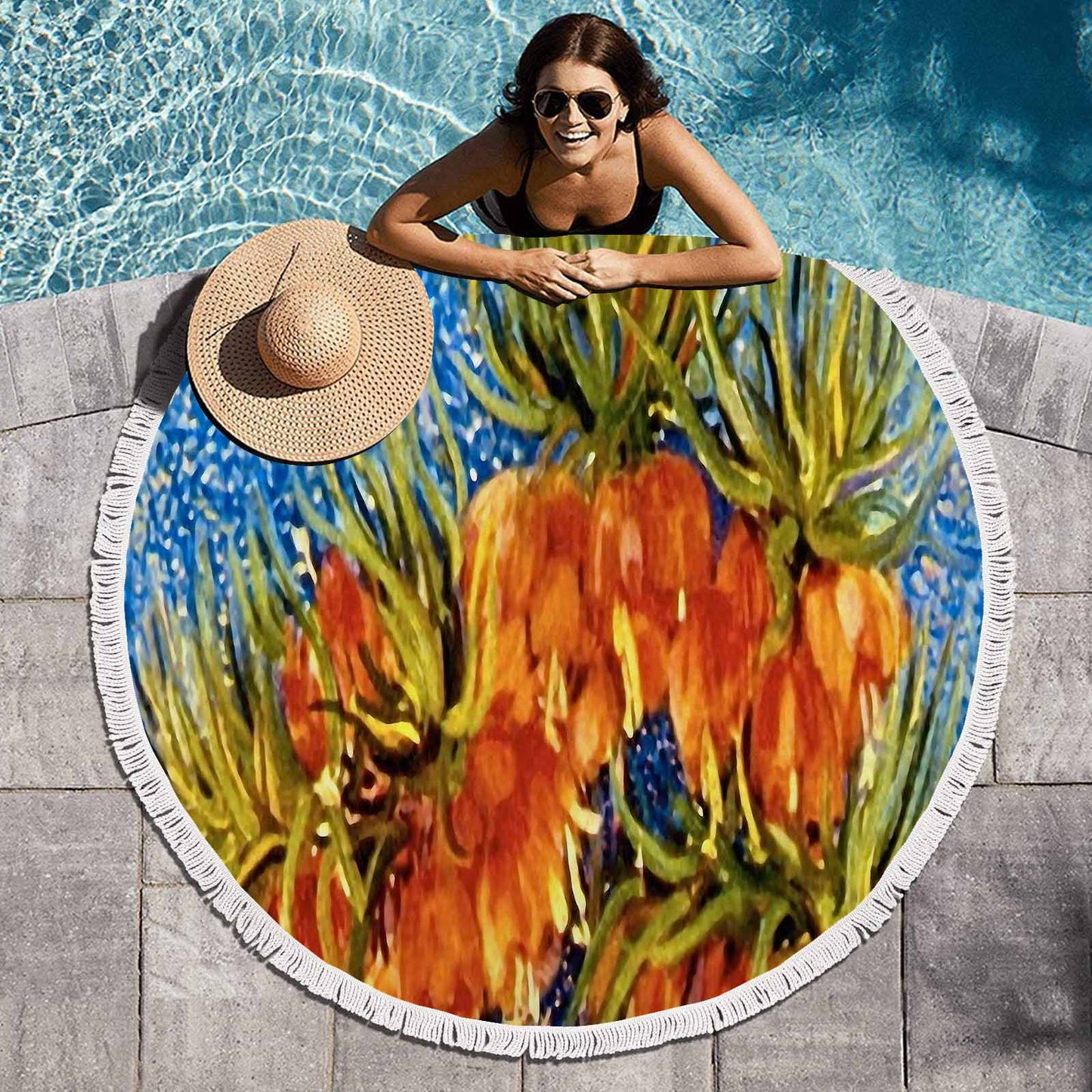 Vintage Floral circular plush beach towel, fringe edges, Design 42
