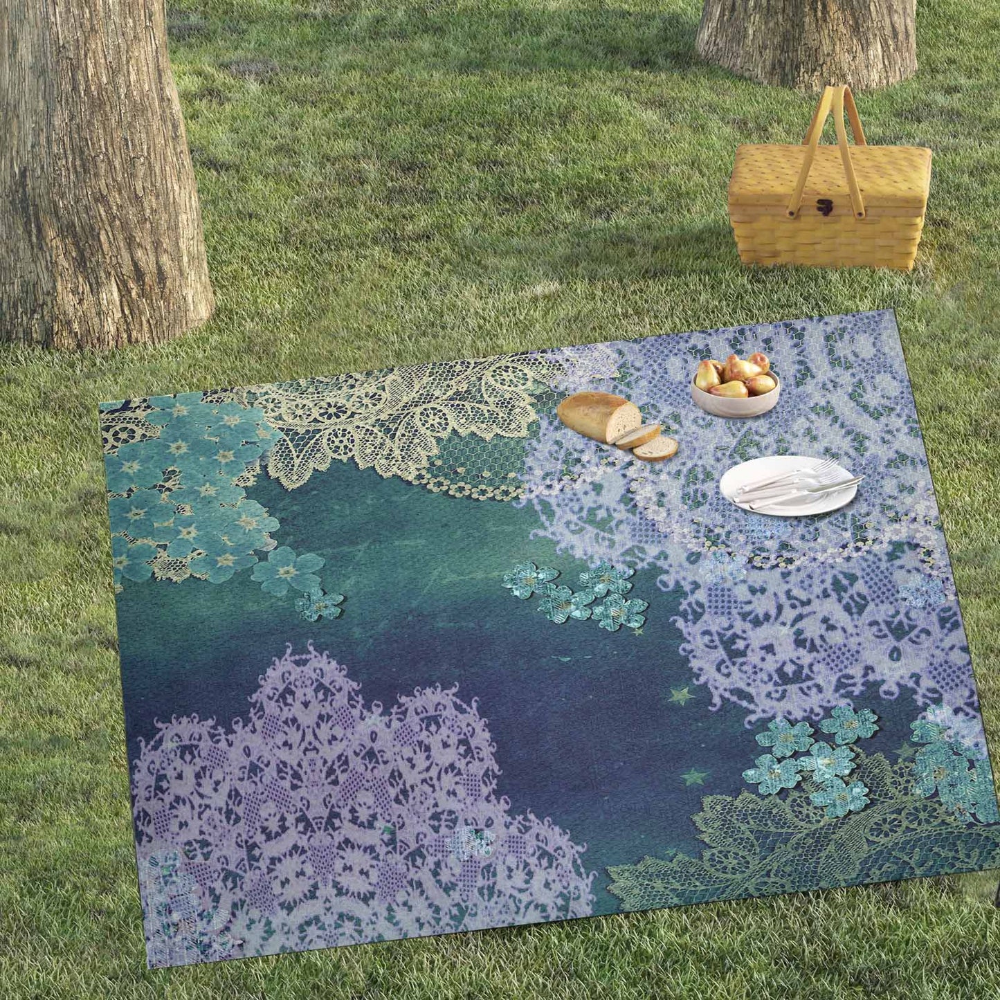 Victorian lace print waterproof picnic mat, 69 x 55in, design 05