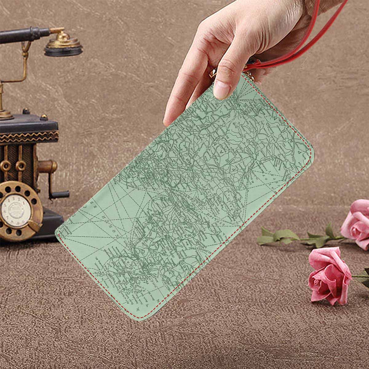 Antique Map design , womens wallet, clutch purse, Red TrimDesign 52