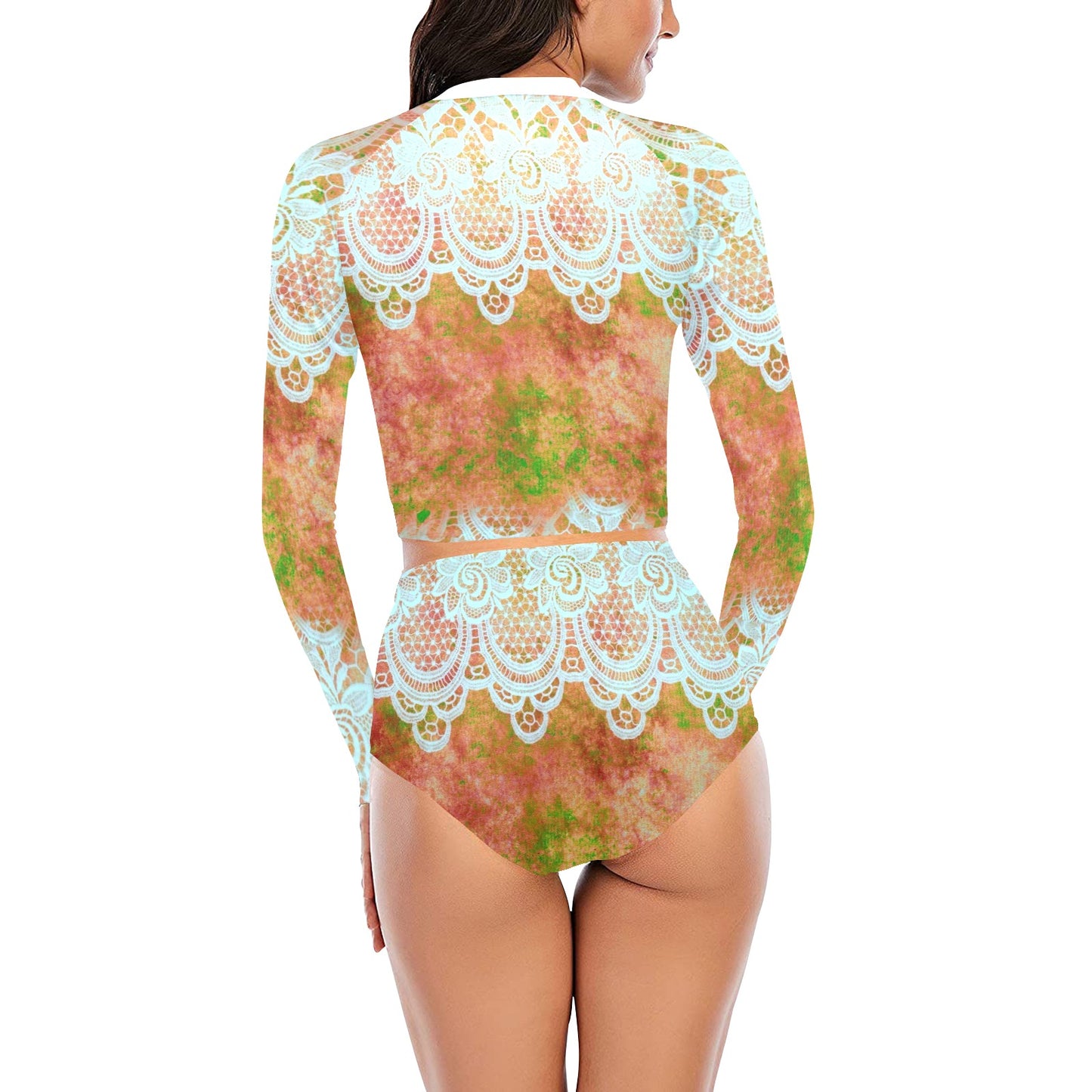 Victorian printed lace, long sleeve 2pc swimsuit, beachwear, design 31 Long Sleeve Bikini Set (Model S27)