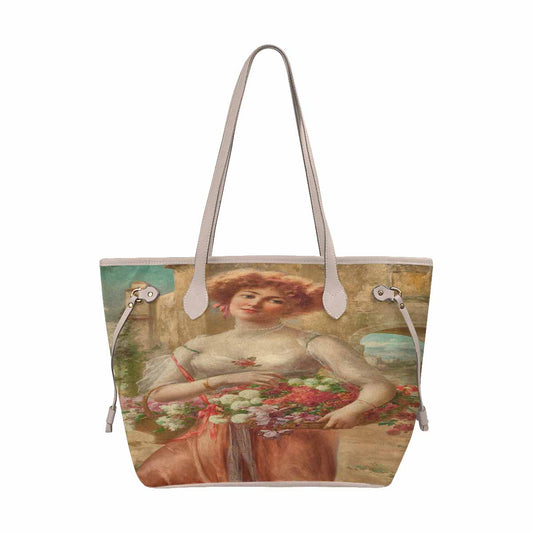 Victorian Lady Design Handbag, Model 1695361, Roses, BEIGE/TAN TRIM