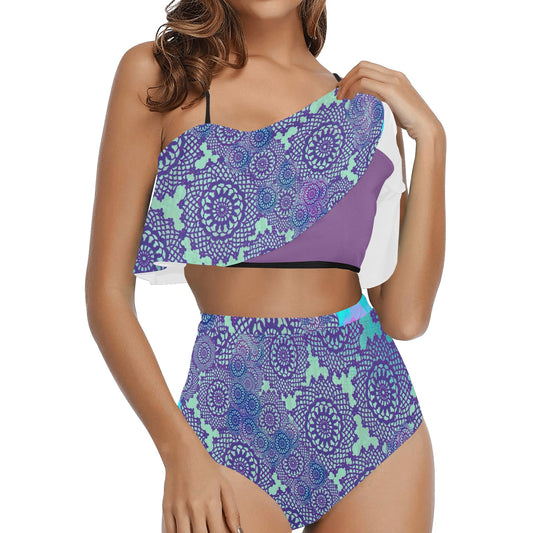 Flounce & Ruffle Bikini swimwear, Printed Victorian lace, Design 14 High Waisted Ruffle Bikini Set-A/B (Model SO3)