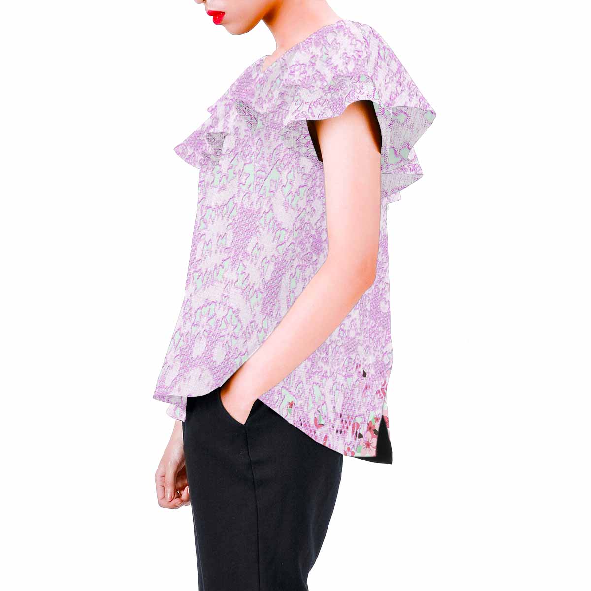 Victorian Lace print Chiffon Blouse, design 09
