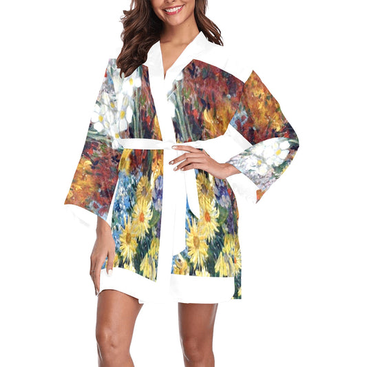 Vintage Floral Kimono Robe, Black or White Trim, Sizes XS to 2XL, Design 41