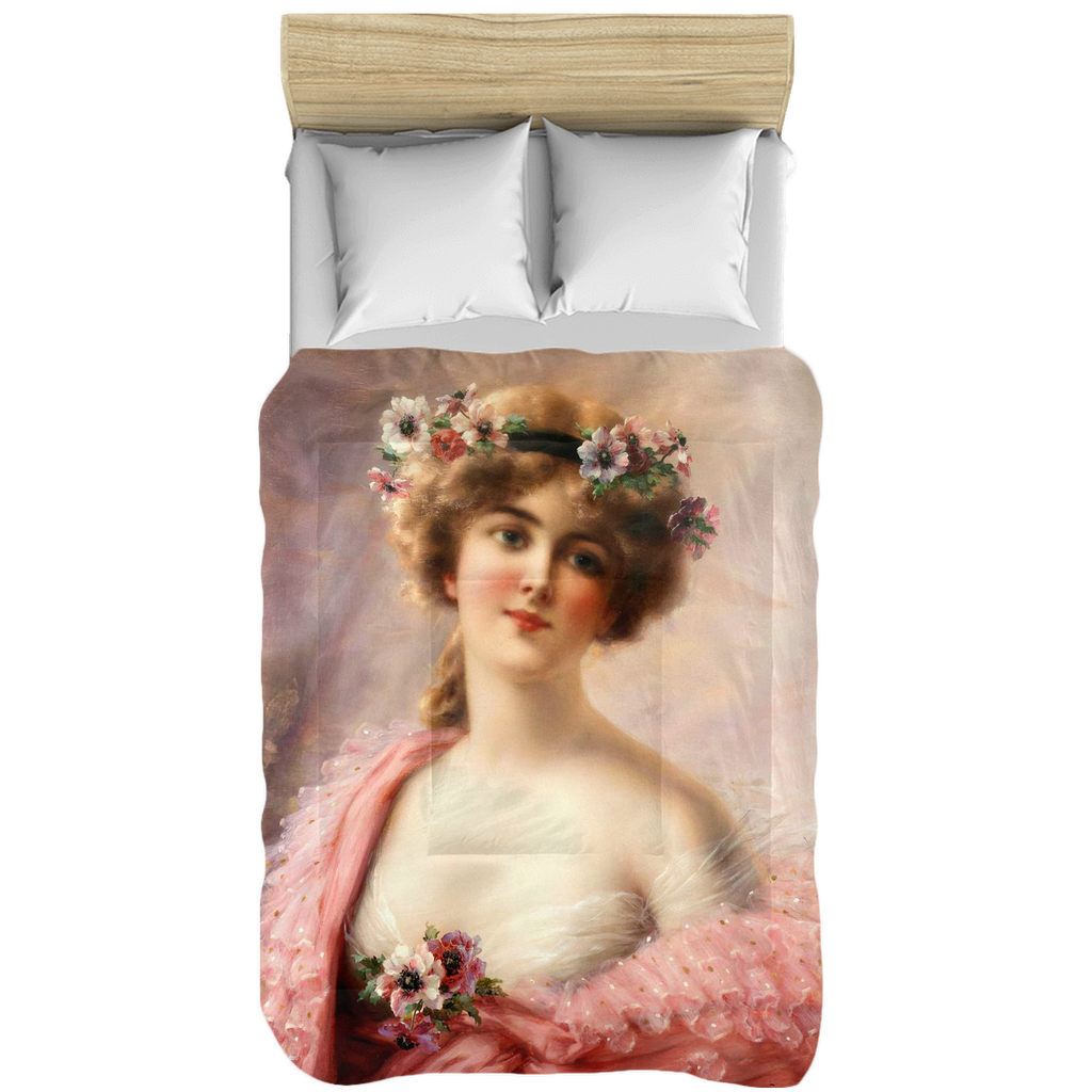 Victorian lady design comforter, twin, twin XL, queen or king, Young Girl with Anemones