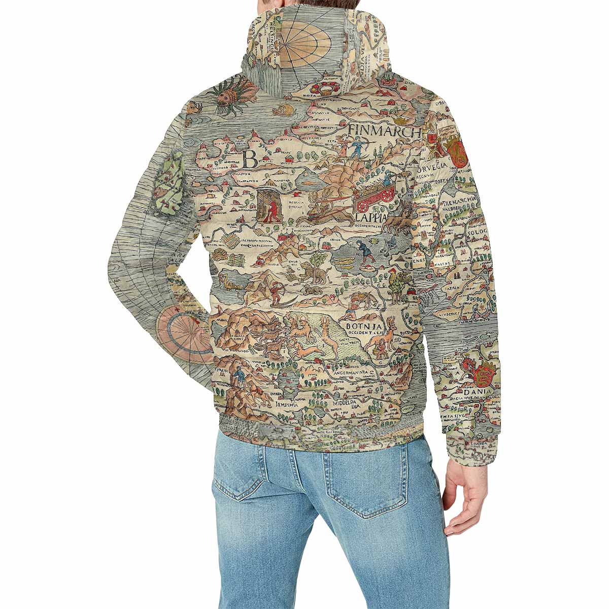 Antique Map design, mens lightweight, warm, quilted hooded bomber jacket, design, 15