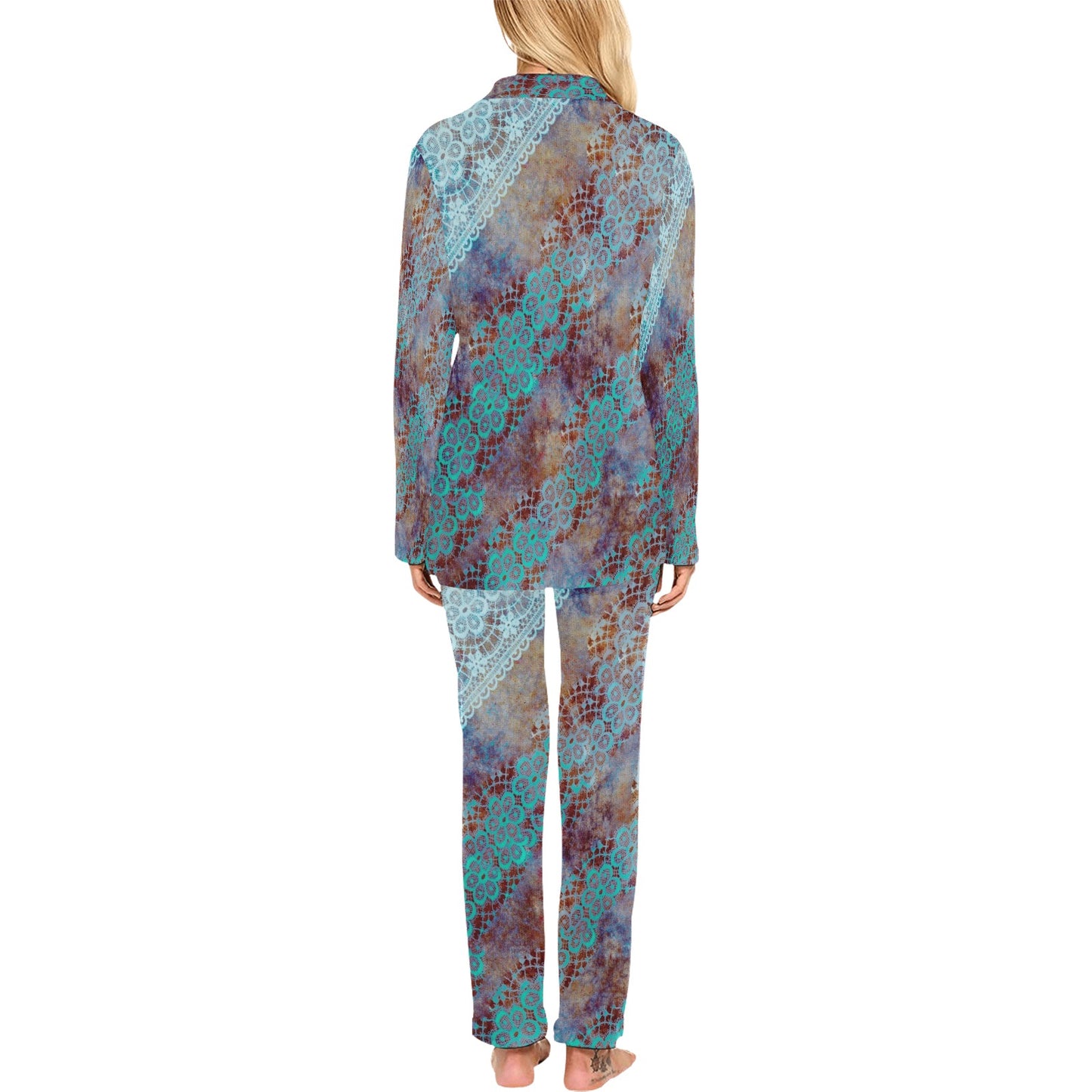 Victorian printed lace pajama set, design 37 Women's Long Pajama Set (Sets 02)