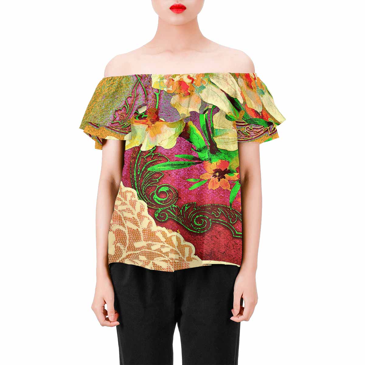 Victorian Lace print Chiffon Blouse, design 48