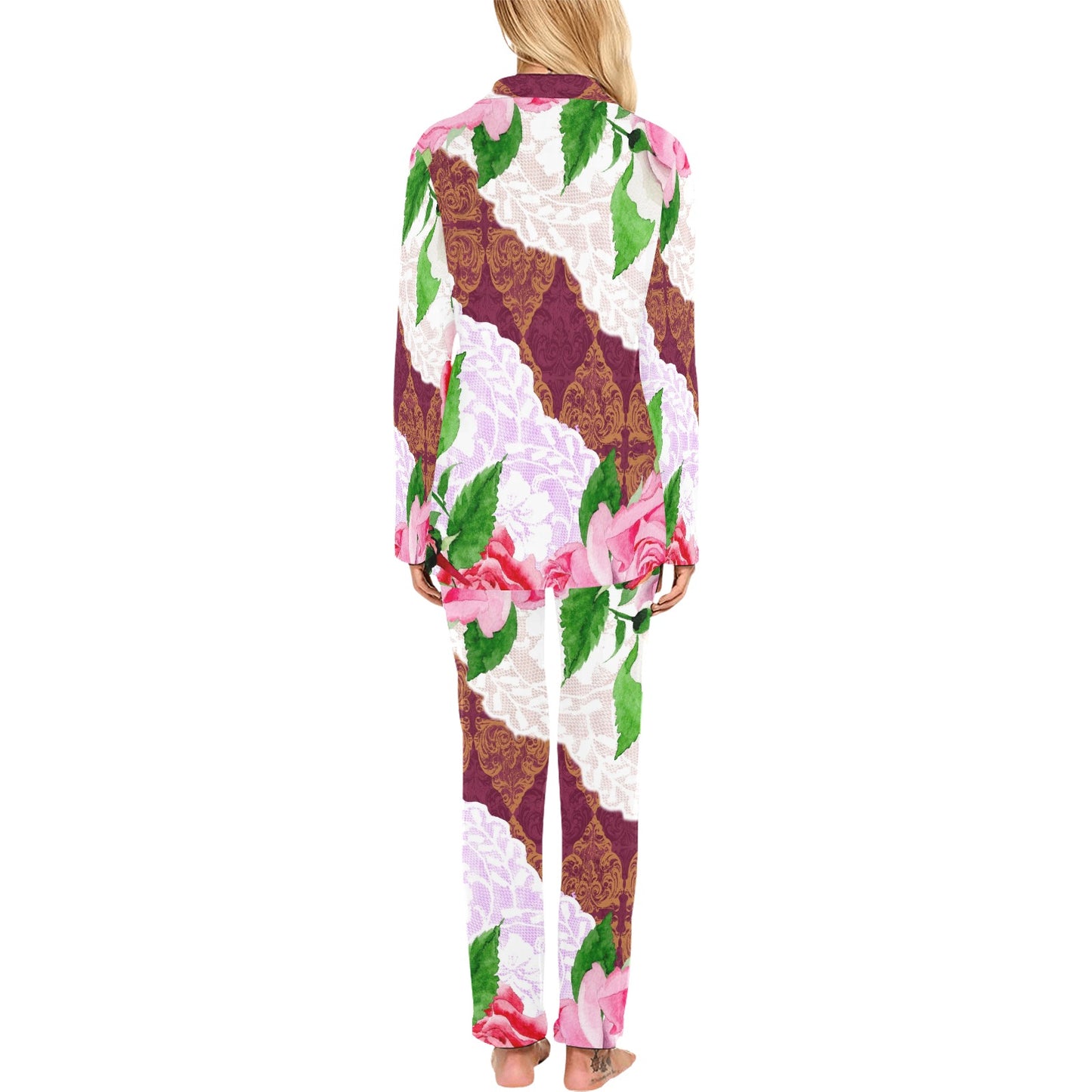 Victorian printed lace pajama set, design 19 Women's Long Pajama Set (Sets 02)