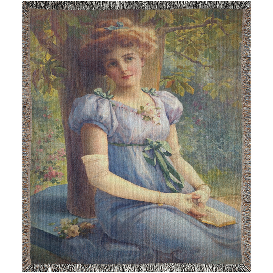 100% cotton Victorian Lady design design woven blanket, 50 x 60 or 60 x 80in, A SWEET GLANCE