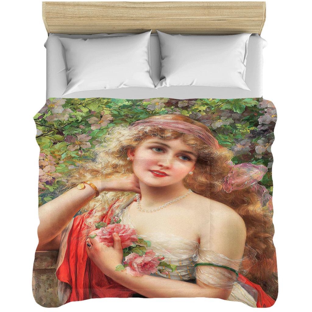 Victorian lady design comforter, twin, twin XL, queen or king, Young Lady With Roses