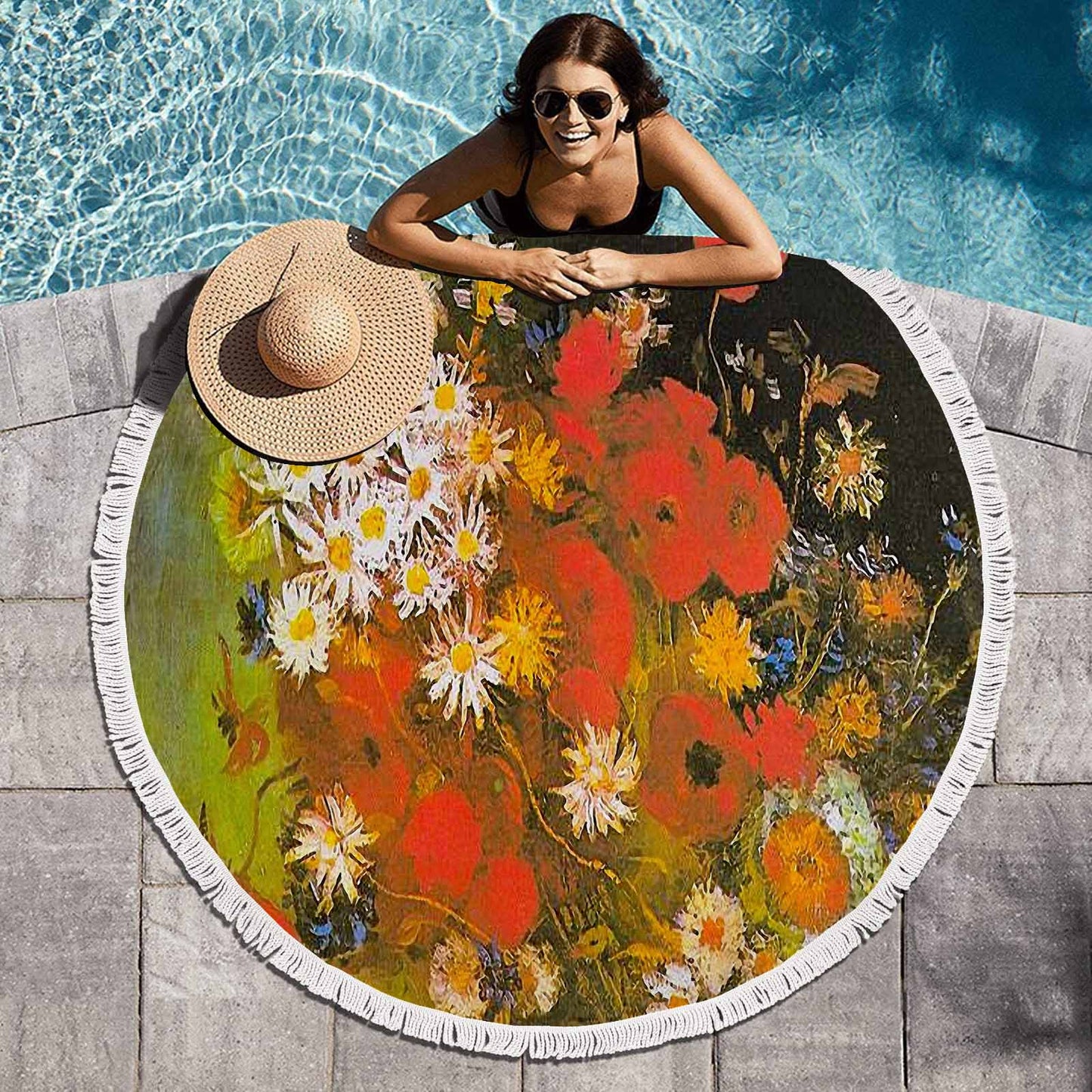Vintage Floral circular plush beach towel, fringe edges, Design 60
