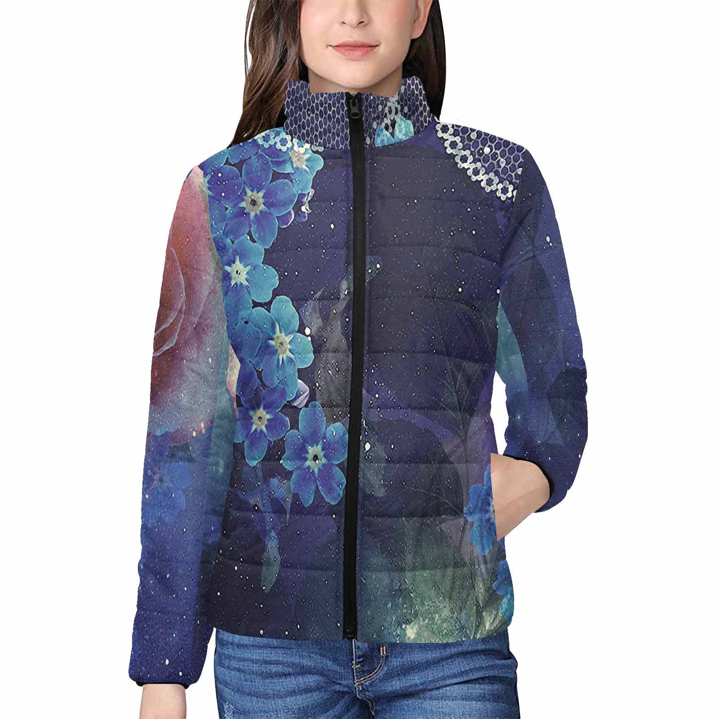 Victorian Lace print womens padded quilted jacket, design 02
