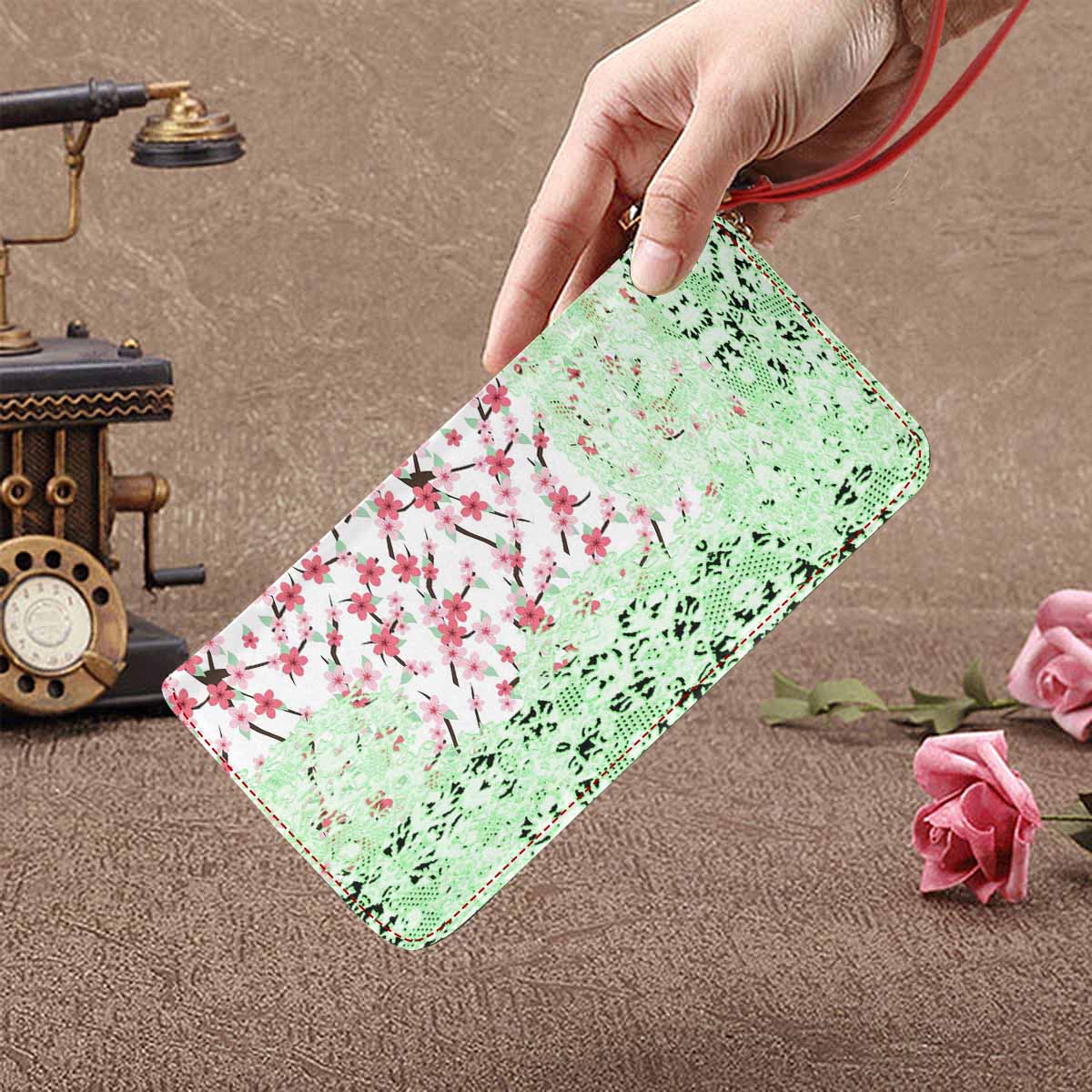 Victorian lace print womens wallet, clutch purse, red trim, design 10