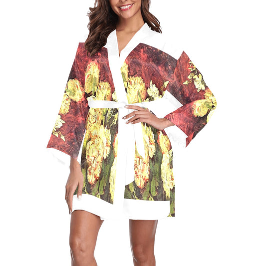 Vintage Floral Kimono Robe, Black or White Trim, Sizes XS to 2XL, Design 27