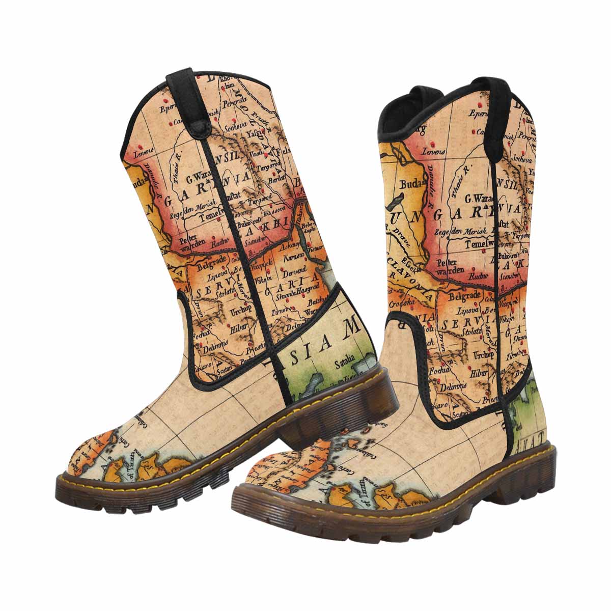 Antique Map design mens western lumber boots, Design 22