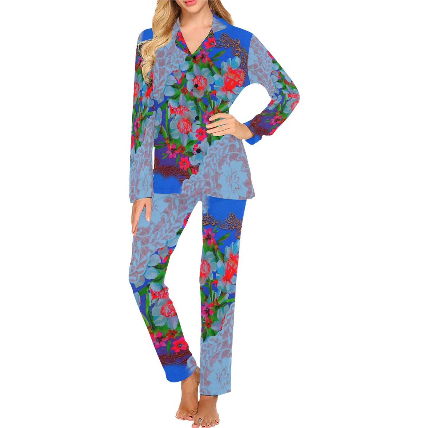 Victorian printed lace pajama set, design 46 Women's Long Pajama Set (Sets 02)