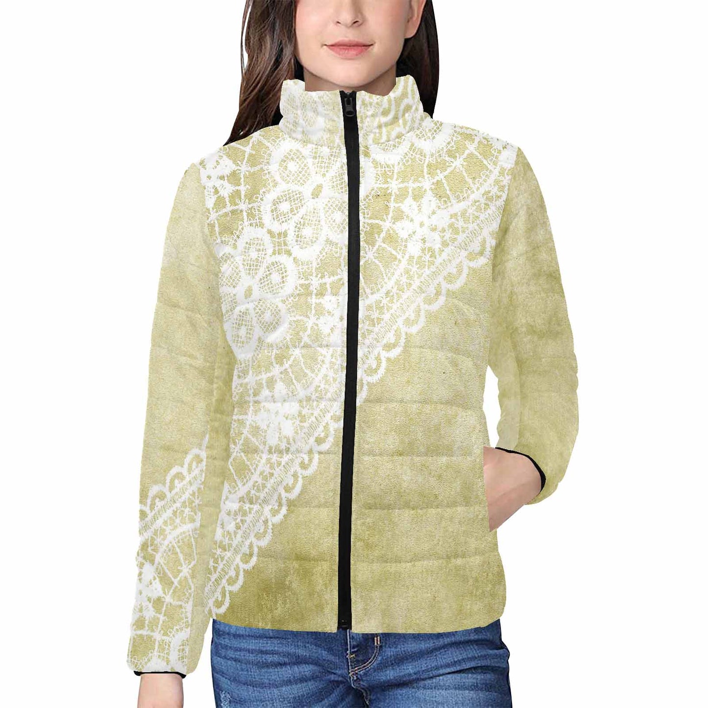 Victorian Lace print womens padded quilted jacket, design 43