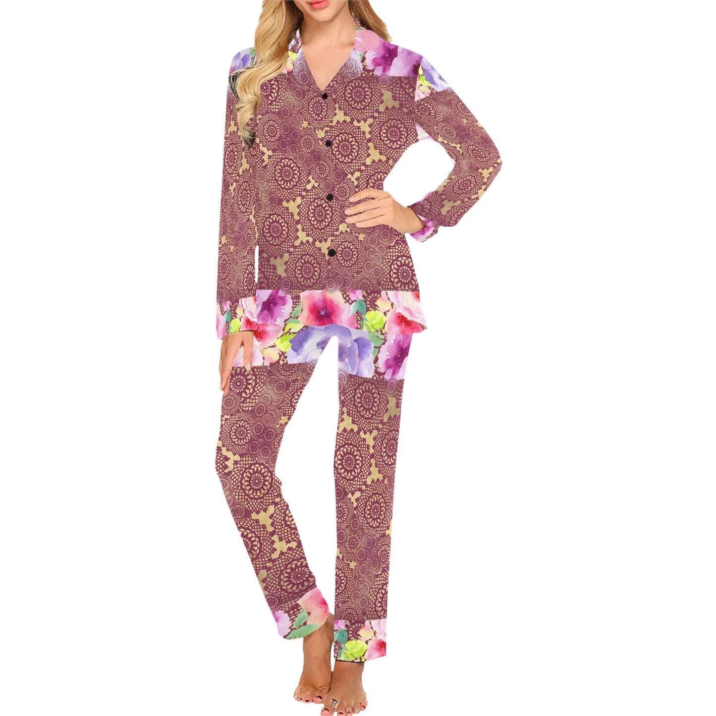 Victorian printed lace pajama set, design 13 Women's Long Pajama Set (Sets 02)