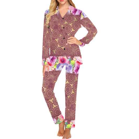 Victorian printed lace pajama set, design 13 Women's Long Pajama Set (Sets 02)