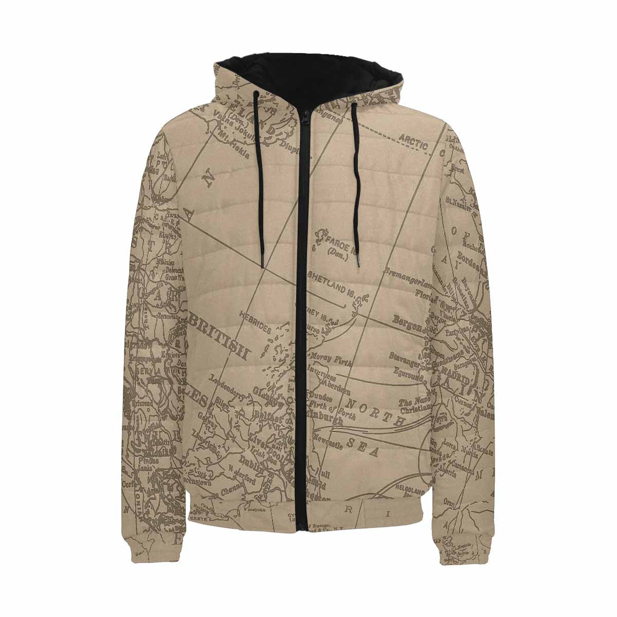 Antique Map design, mens lightweight, warm, quilted hooded bomber jacket, design, 54