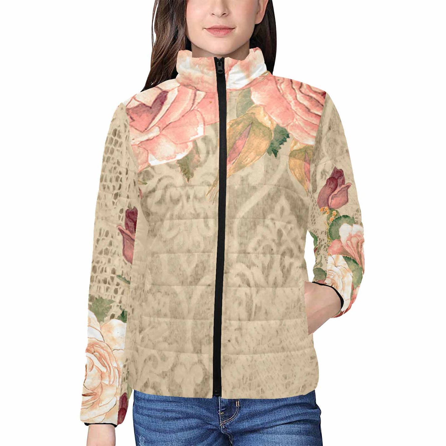 Victorian Lace print womens padded quilted jacket, design 25