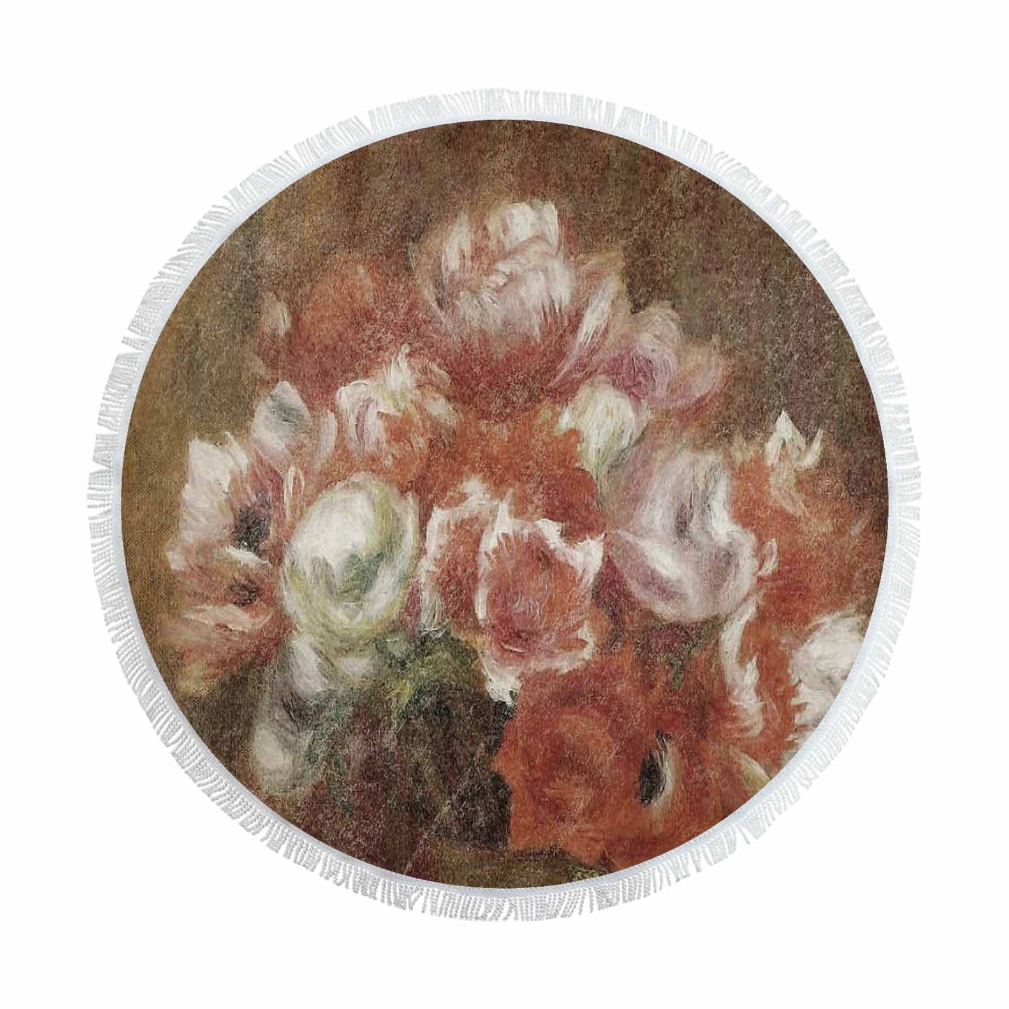 Vintage Floral circular plush beach towel, fringe edges, Design 15