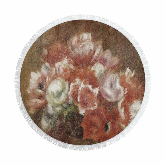 Vintage Floral circular plush beach towel, fringe edges, Design 15