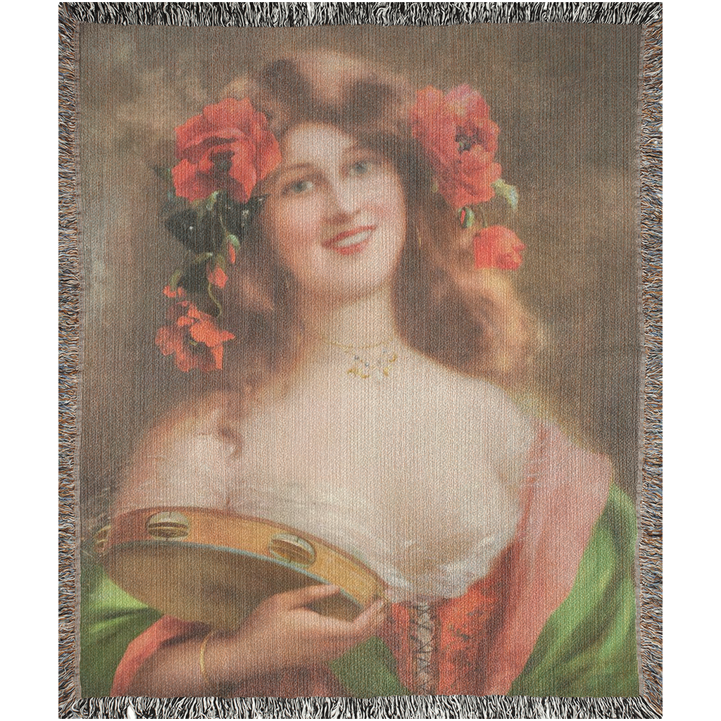 100% cotton Victorian Lady design design woven blanket, 50 x 60 or 60 x 80in, Tambourine Girl