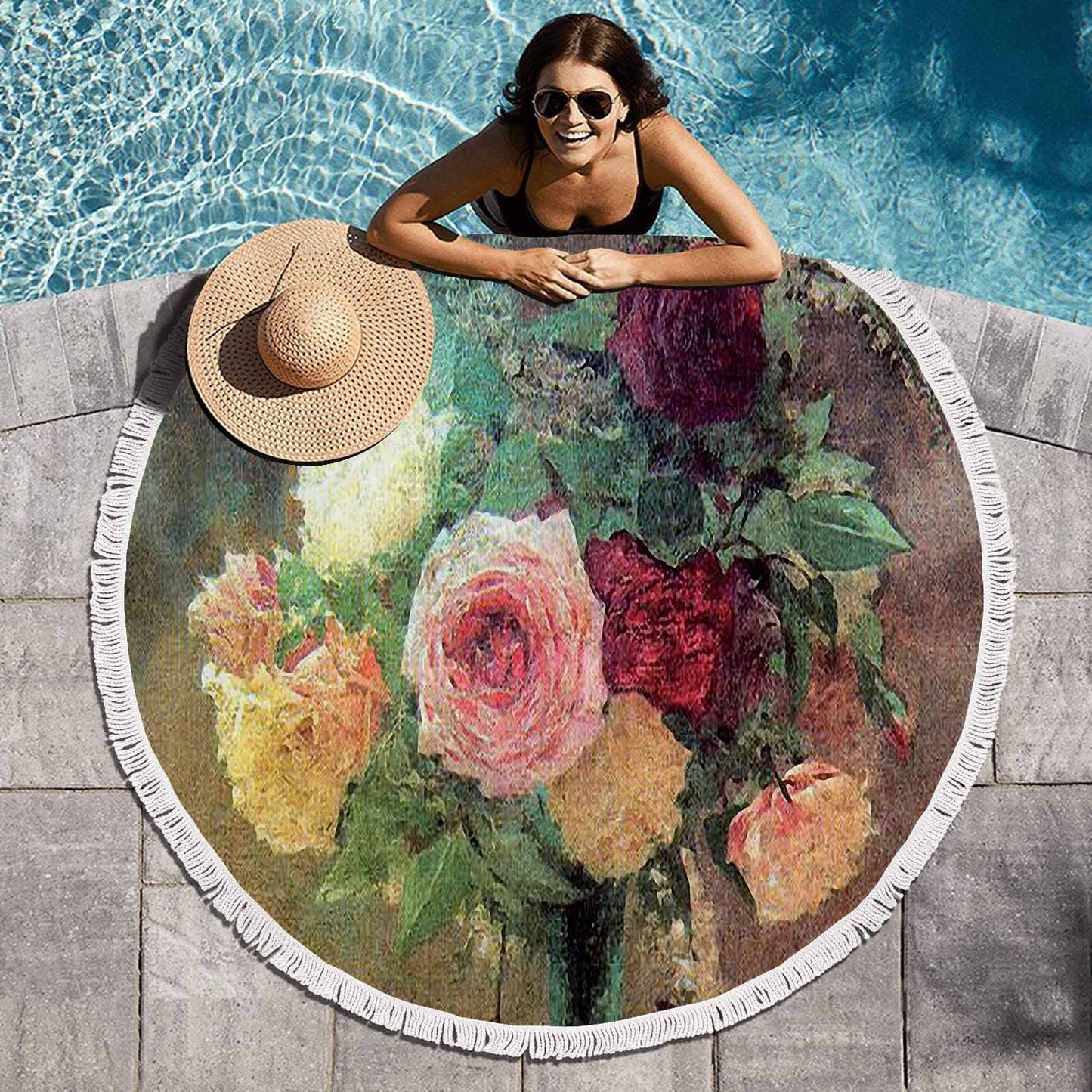 Vintage Floral circular plush beach towel, fringe edges, Design 29