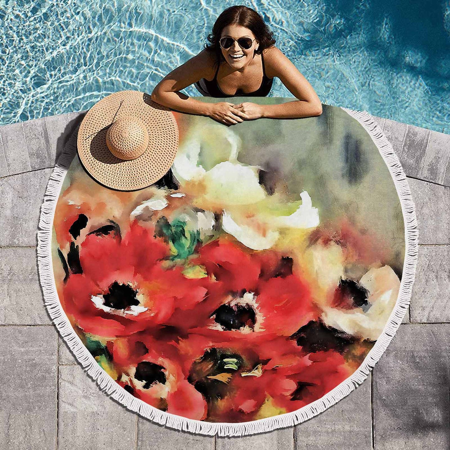 Vintage Floral circular plush beach towel, fringe edges, Design 14
