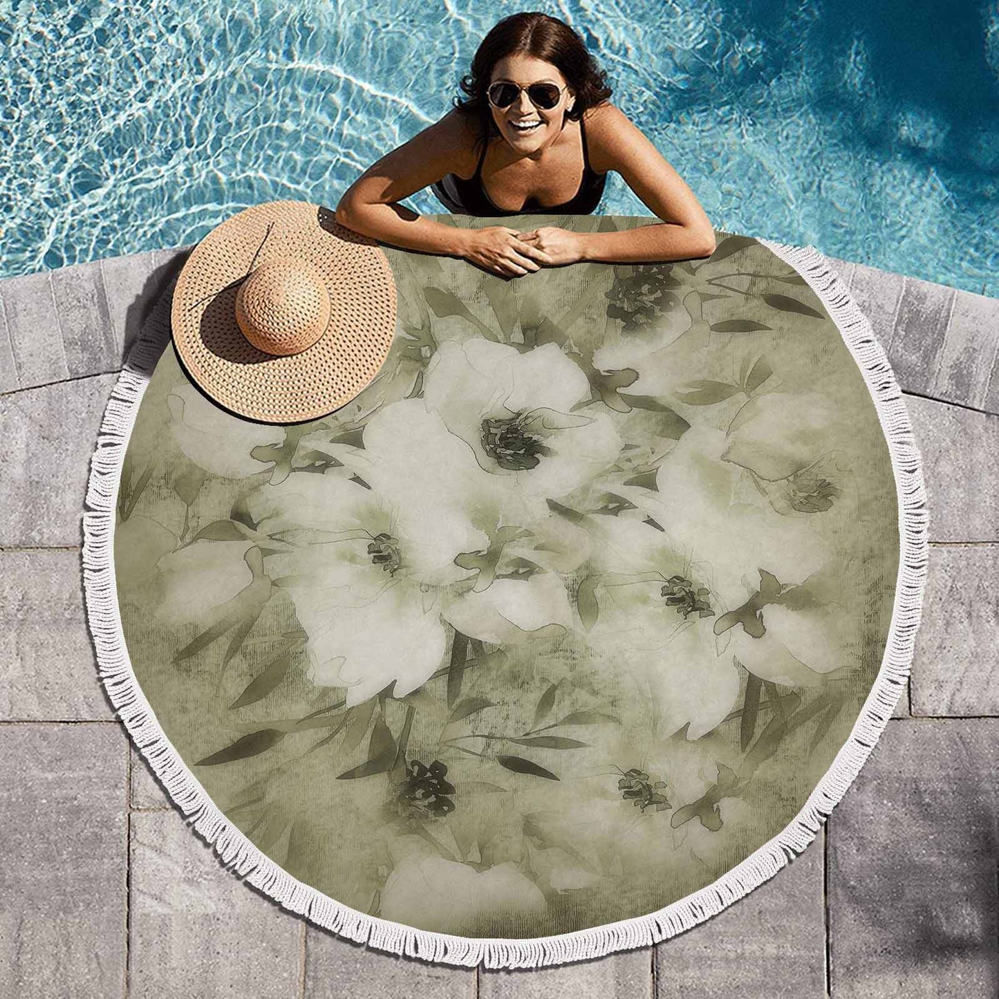 Vintage Floral circular plush beach towel, fringe edges, Design 03x