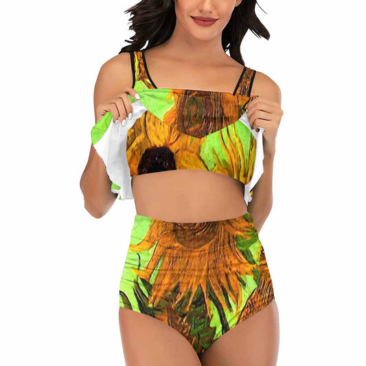 Vintage floral high waisted flounce top bikini, swim wear, Design 48