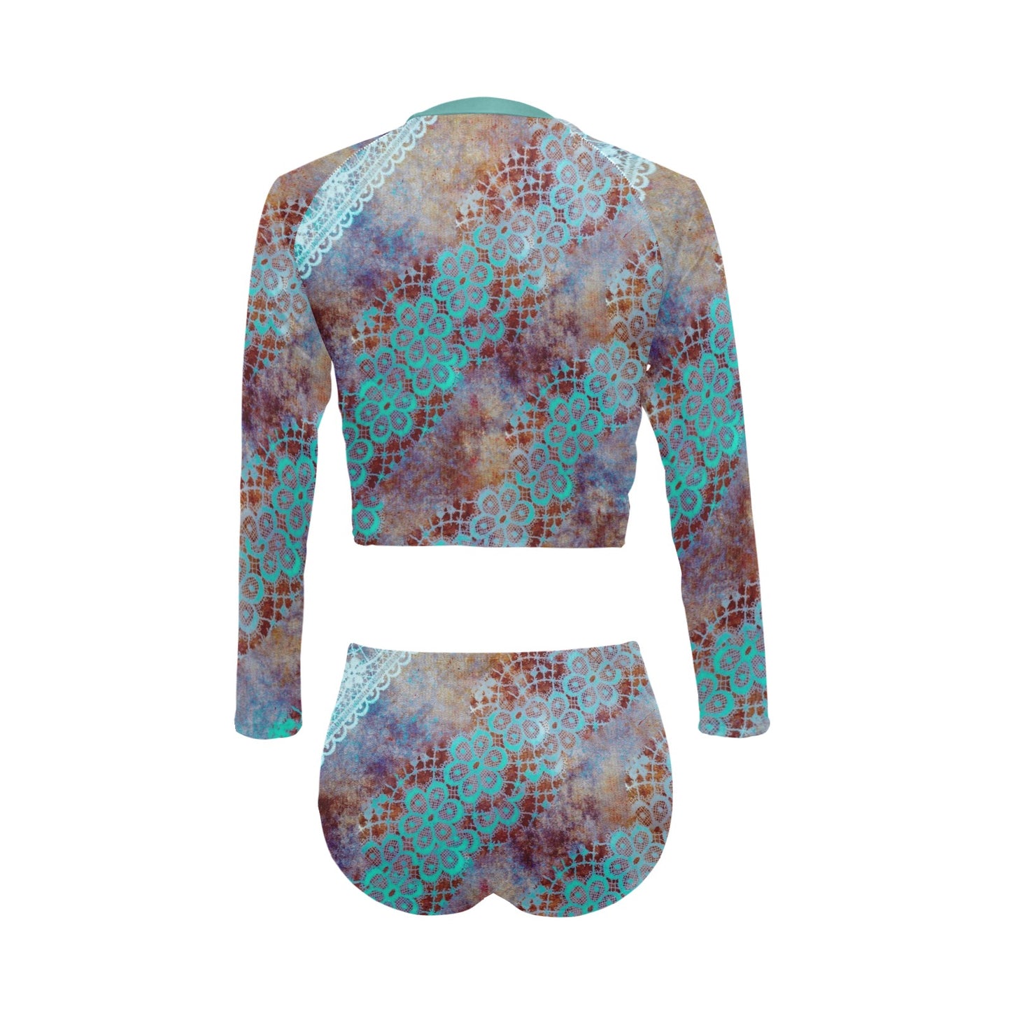 Victorian printed lace, long sleeve 2pc swimsuit, beachwear, design 37 Long Sleeve Bikini Set (Model S27)