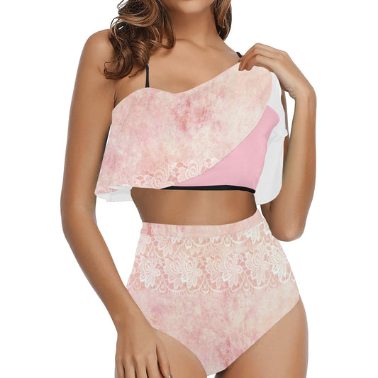 Flounce & Ruffle Bikini swimwear, Printed Victorian lace, Design 38 High Waisted Ruffle Bikini Set-A/B (Model SO3)