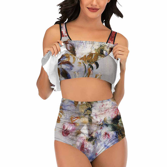 Vintage floral high waisted flounce top bikini, swim wear, Design 12
